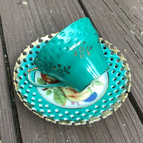 Royal Halsey Very Fine Tea Cup and Saucer Set Fruit Motif Turquoise Gold Trim - Picture 3 of 7